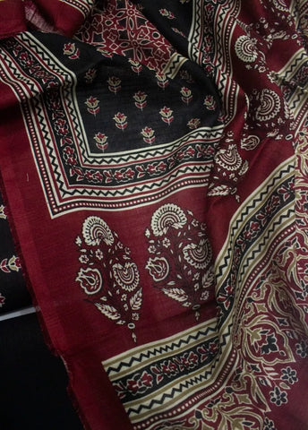 3 Piece Printed Black Color Khaddar Unstitched Suit