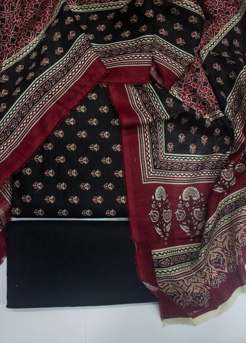 3 Piece Printed Black Color Khaddar Unstitched Suit