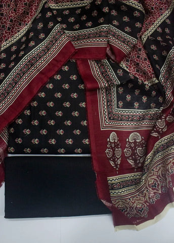 3 Piece Printed Black Color Khaddar Unstitched Suit