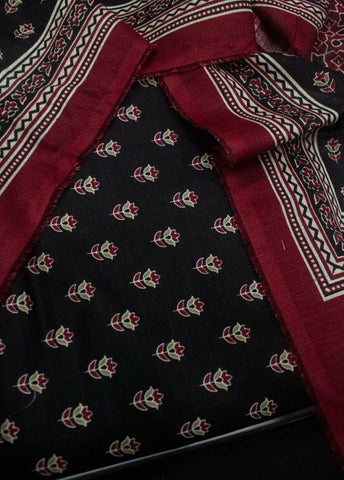 3 Piece Printed Black Color Khaddar Unstitched Suit