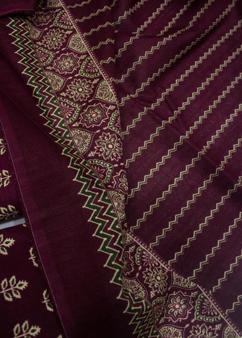 3 Piece Printed Maroon Color Khaddar Unstitched Suit