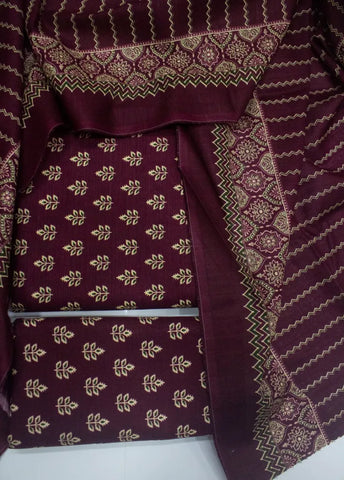 3 Piece Printed Maroon Color Khaddar Unstitched Suit