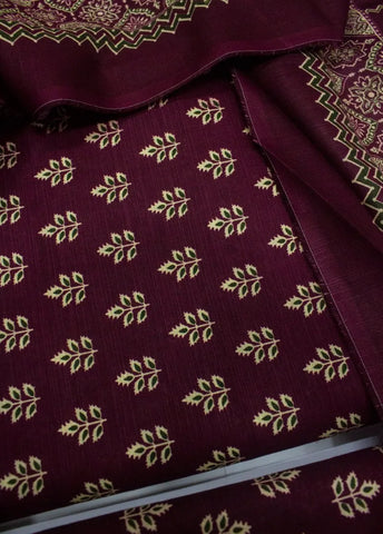 3 Piece Printed Maroon Color Khaddar Unstitched Suit