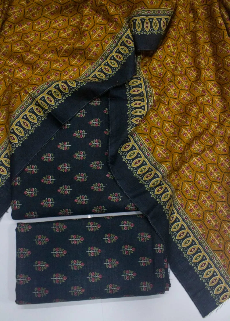3 Piece Printed Black Color Khaddar Unstitched Suit