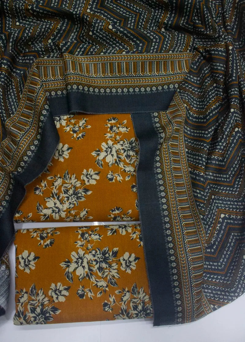 3 Piece Printed Honey Orange Color Khaddar Unstitched Suit