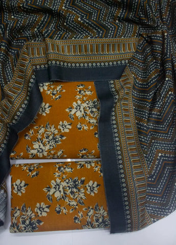 3 Piece Printed Honey Orange Color Khaddar Unstitched Suit