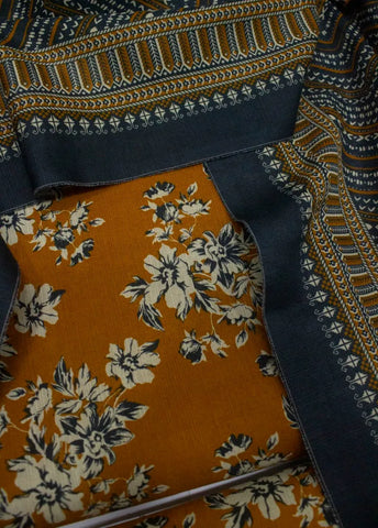 3 Piece Printed Honey Orange Color Khaddar Unstitched Suit