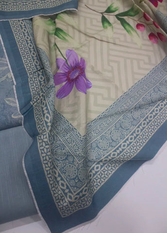 3 Piece Printed Ice Blue Color Khaddar Unstitched Suit
