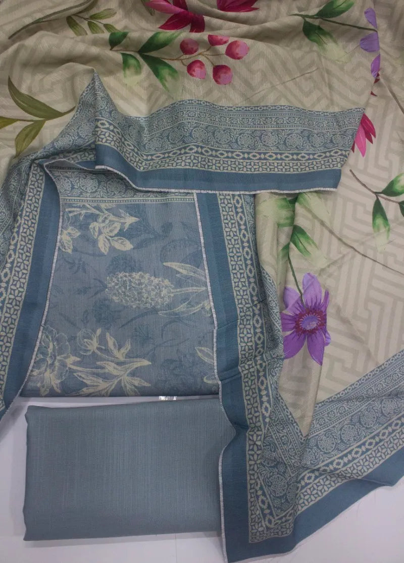 3 Piece Printed Ice Blue Color Khaddar Unstitched Suit
