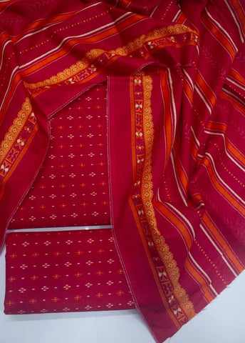 3 Piece Printed Red Color Khaddar Unstitched Suit