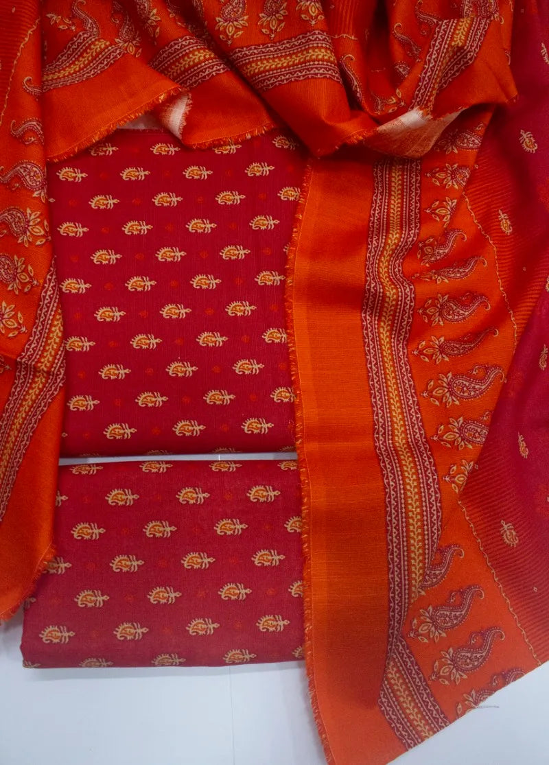 3 Piece Printed Red Color Khaddar Unstitched Suit