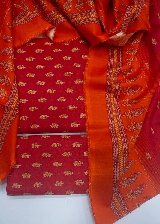 3 Piece Printed Red Color Khaddar Unstitched Suit