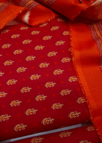 3 Piece Printed Red Color Khaddar Unstitched Suit