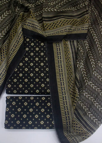 3 Piece Printed Black Color Khaddar Unstitched Suit