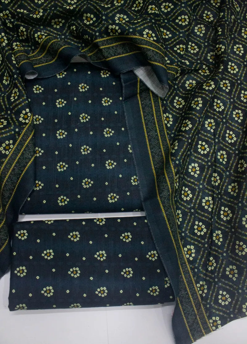 3 Piece Printed Navy Blue Color Khaddar Unstitched Suit