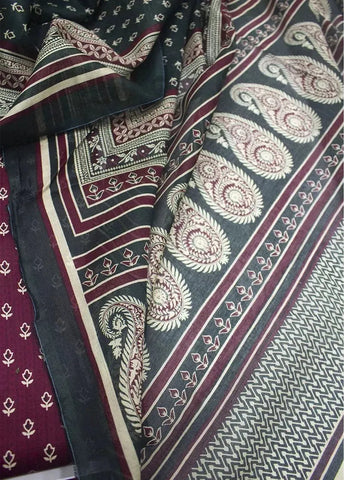 3 Piece Printed Maroon Color Khaddar Unstitched Suit