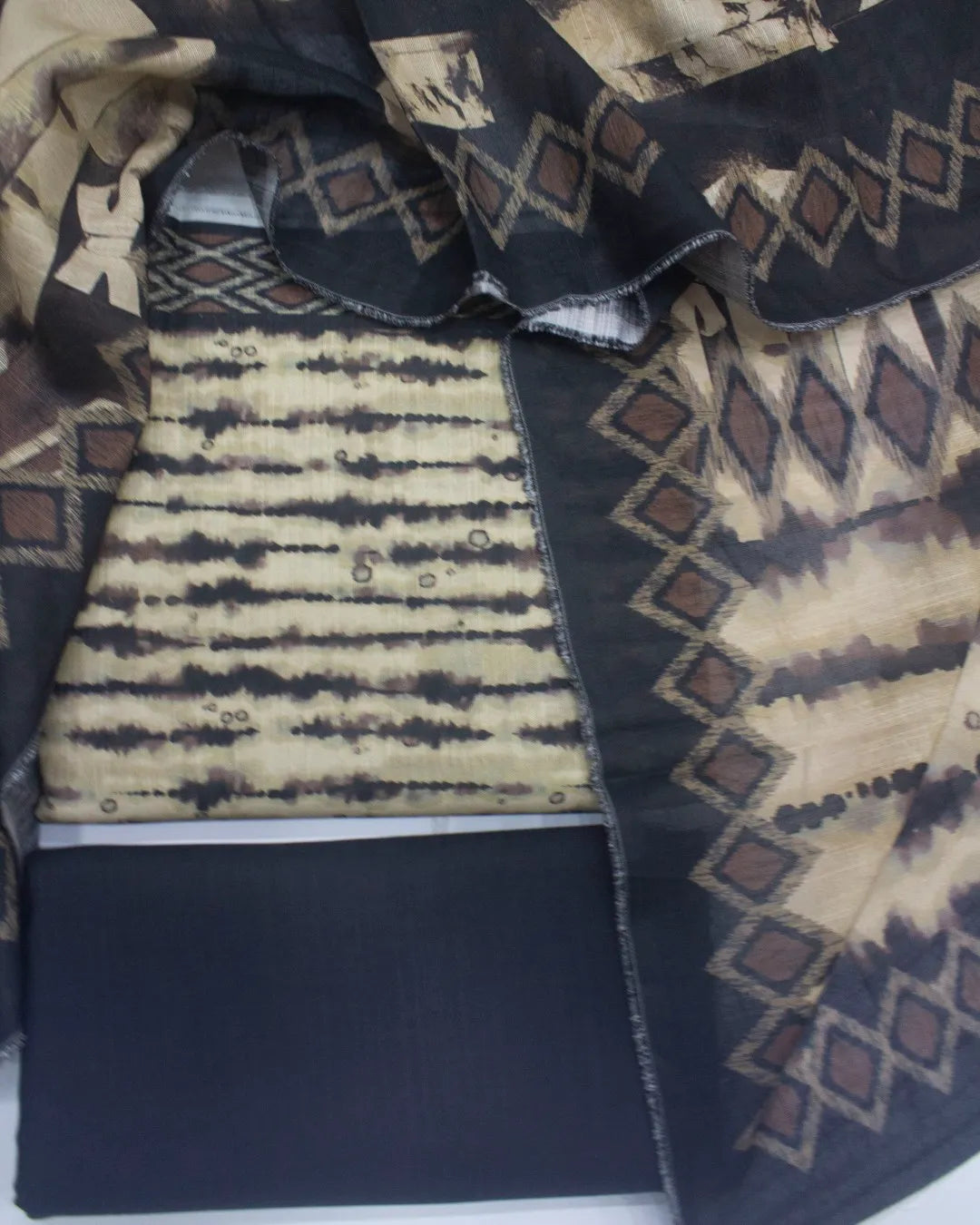 3 Piece Printed Beige & Brown Color Khaddar Unstitched Suit