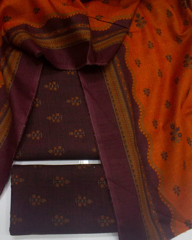 3 Piece Printed Maroon Color Khaddar Unstitched Suit