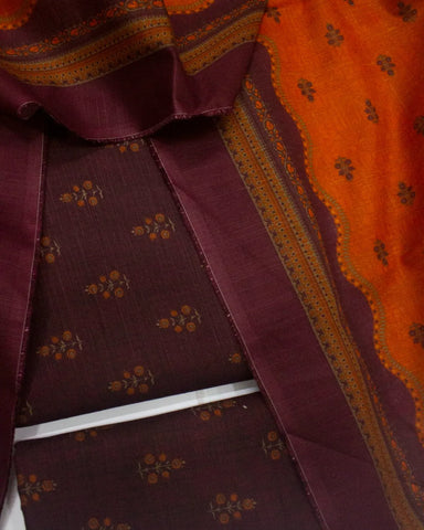 3 Piece Printed Maroon Color Khaddar Unstitched Suit