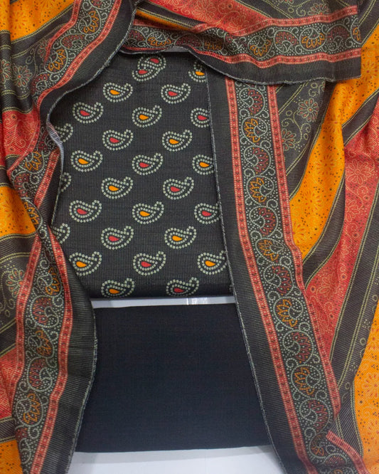 3 Piece Printed Black Color Khaddar Unstitched Suit