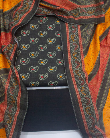 3 Piece Printed Black Color Khaddar Unstitched Suit