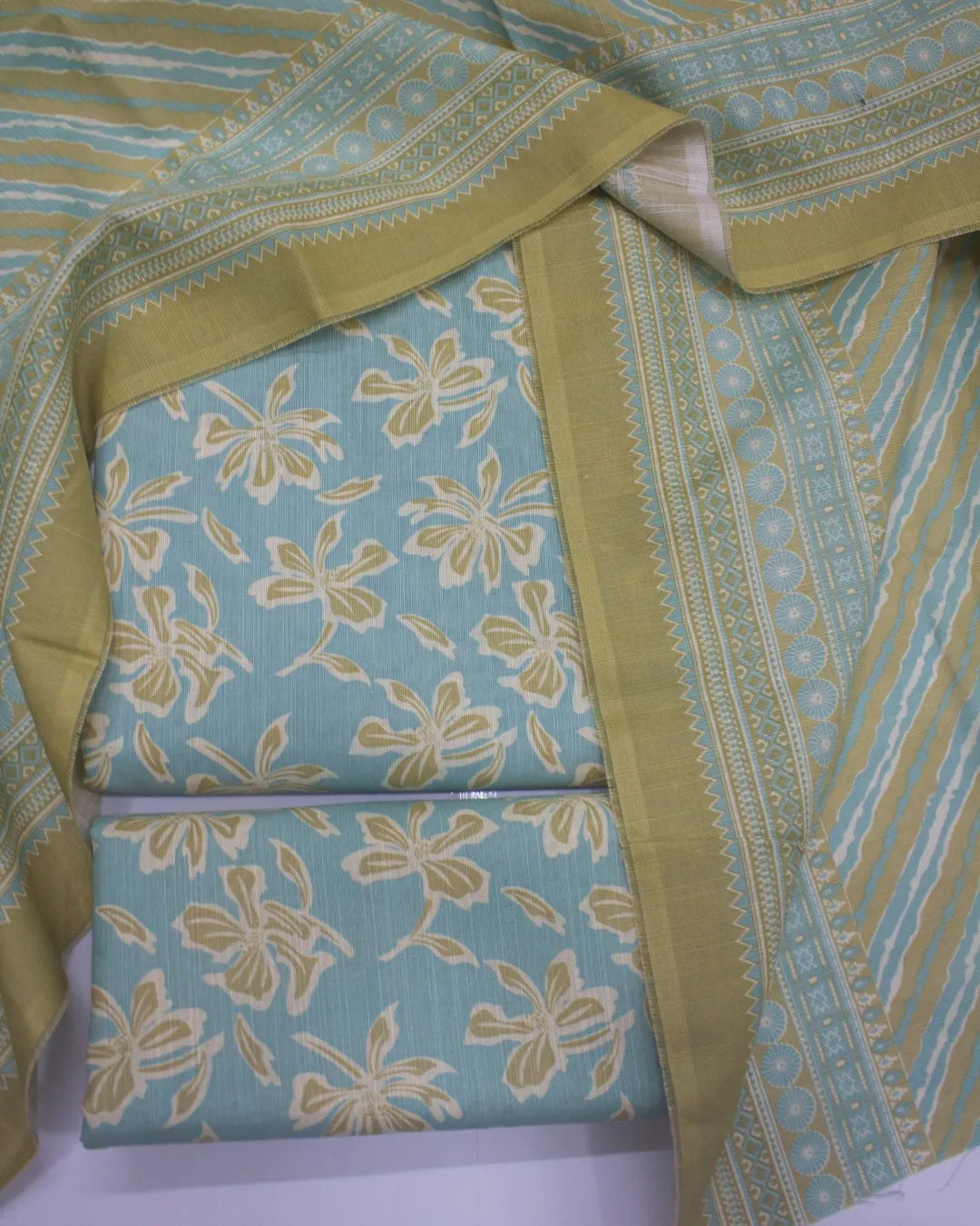 3 Piece Printed Pastel Blue Color Khaddar Unstitched Suit