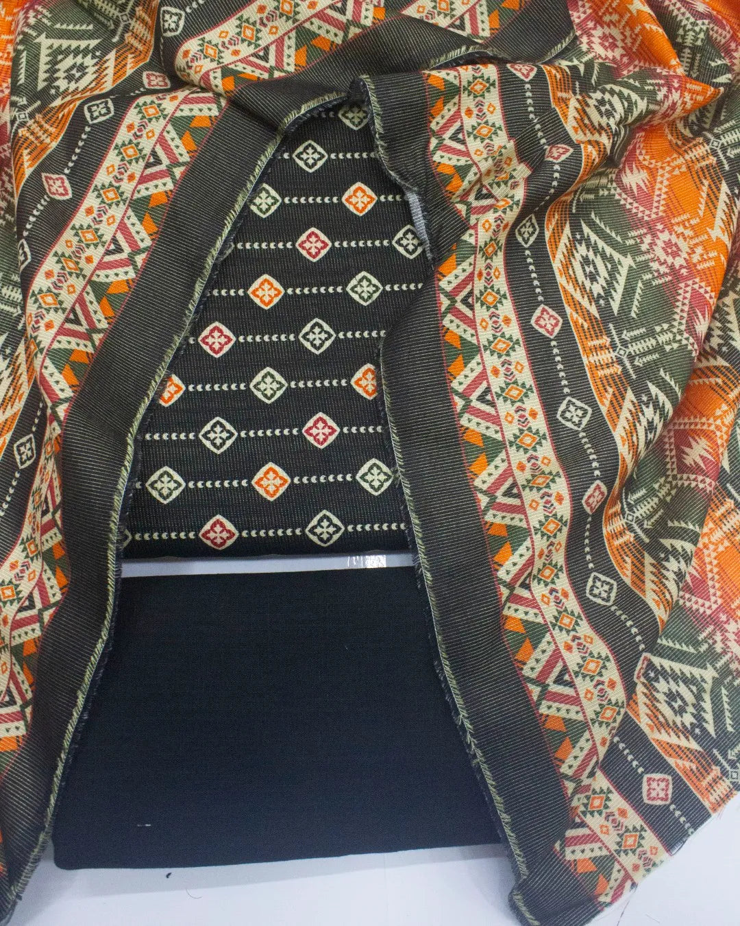 3 Piece Printed Black Color Khaddar Unstitched Suit
