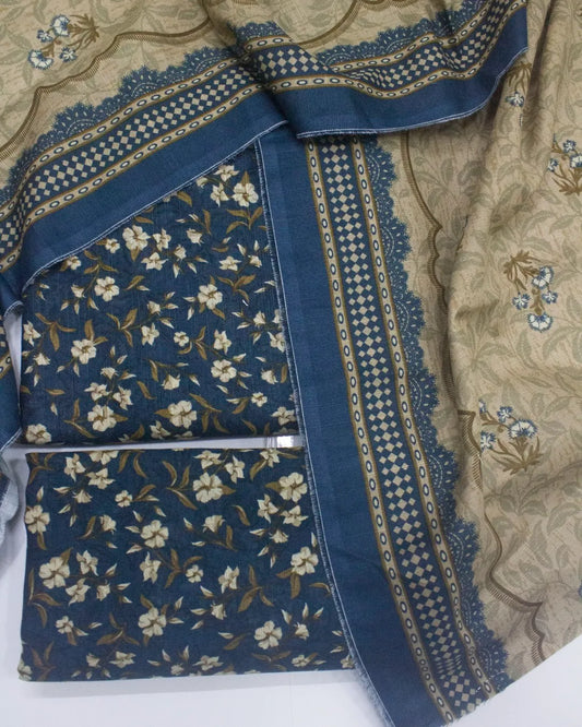 3 Piece Printed Navy Blue Color Khaddar Unstitched Suit