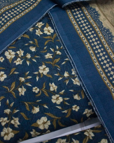 3 Piece Printed Navy Blue Color Khaddar Unstitched Suit