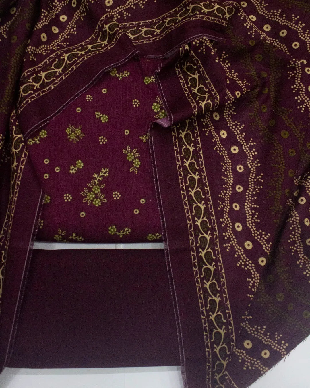 3 Piece Printed Maroon Color Khaddar Unstitched Suit