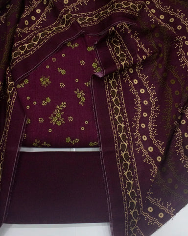 3 Piece Printed Maroon Color Khaddar Unstitched Suit