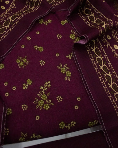 3 Piece Printed Maroon Color Khaddar Unstitched Suit