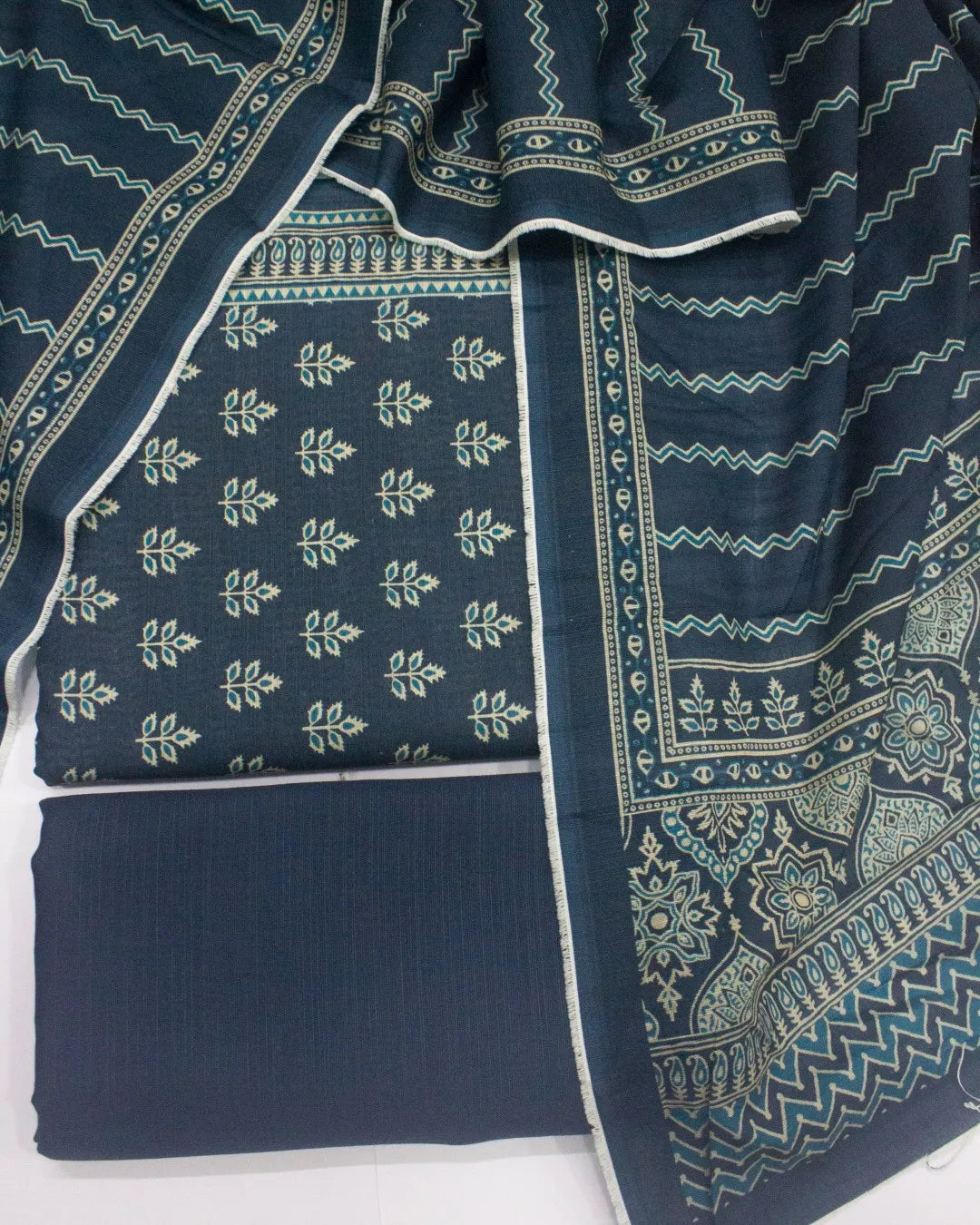 3 Piece Printed Navy Blue Color Khaddar Unstitched Suit