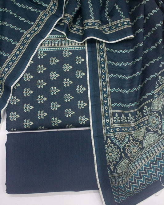 3 Piece Printed Navy Blue Color Khaddar Unstitched Suit