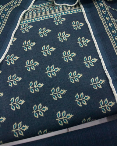 3 Piece Printed Navy Blue Color Khaddar Unstitched Suit