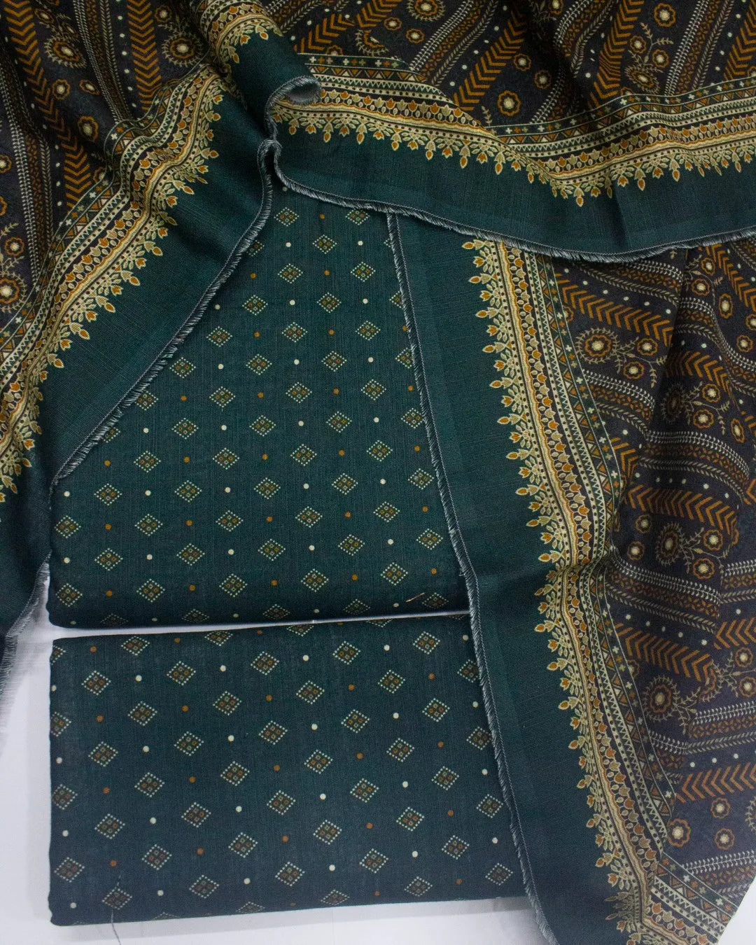 3 Piece Printed Teal Color Khaddar Unstitched Suit