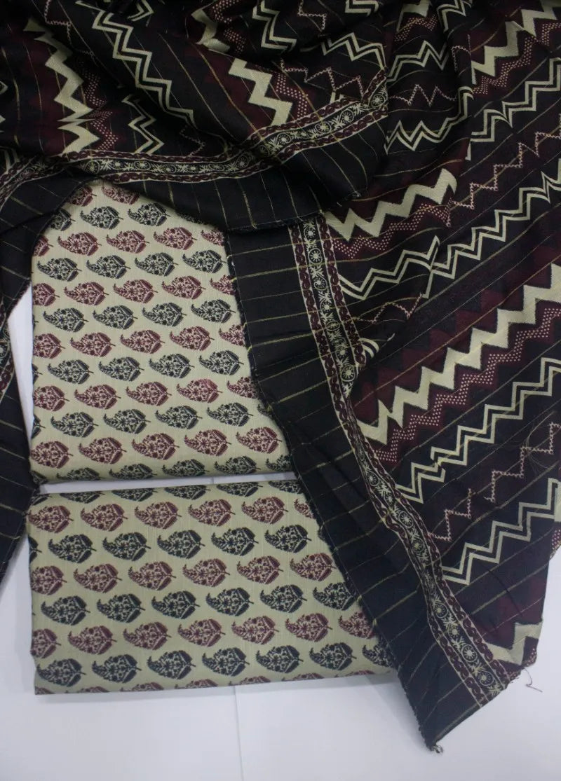 3 Piece Printed Beige Color Khaddar Unstitched Suit