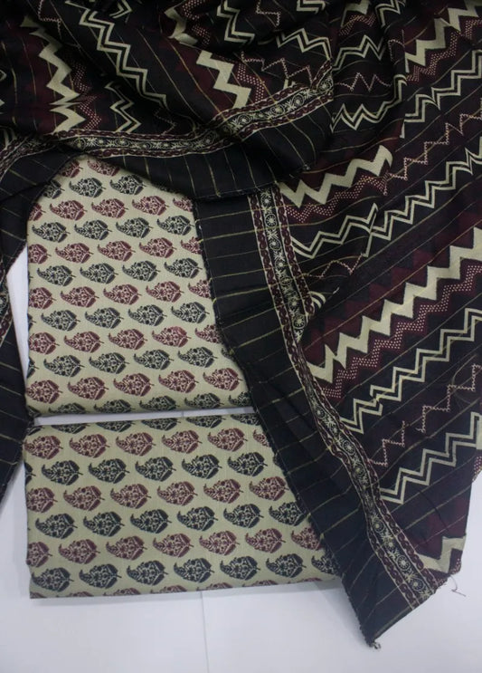 3 Piece Printed Beige Color Khaddar Unstitched Suit