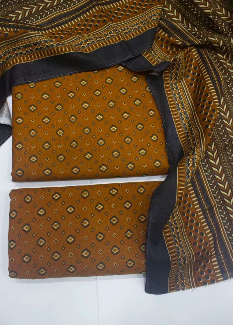 3 Piece Printed Mustard Color Khaddar Unstitched Suit