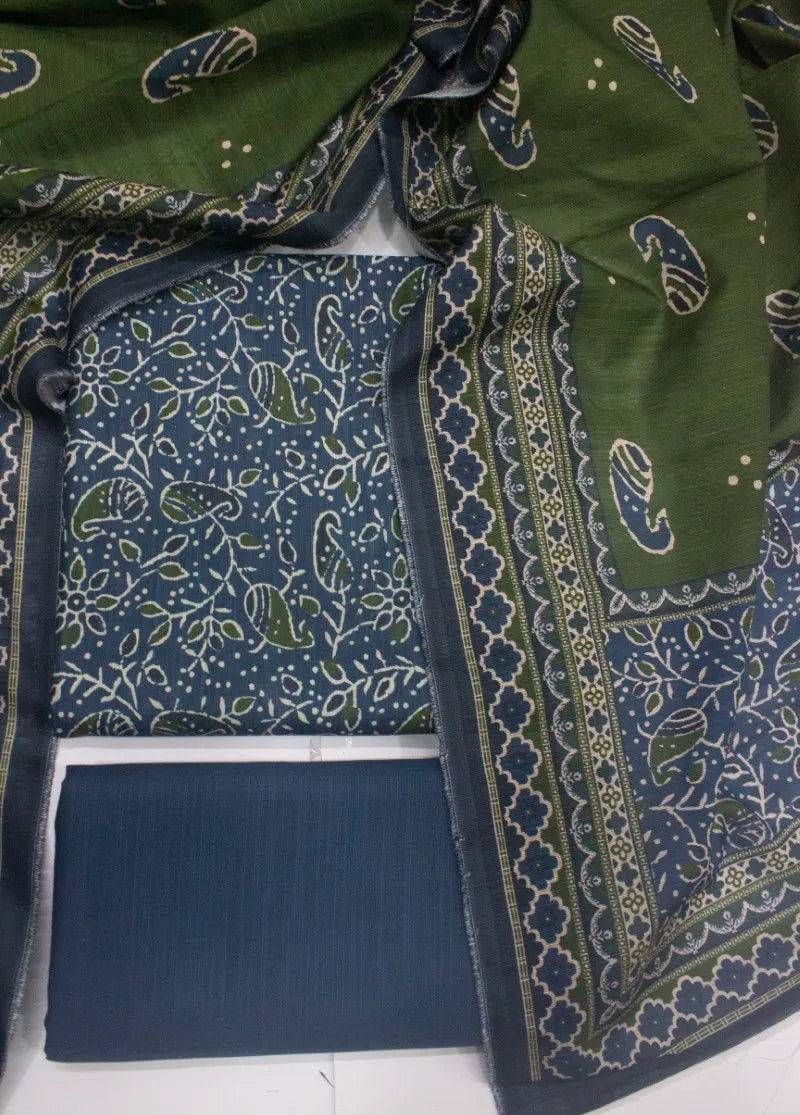 3 Piece Printed Blue Color Khaddar Unstitched Suit