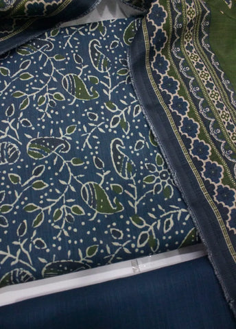 3 Piece Printed Blue Color Khaddar Unstitched Suit