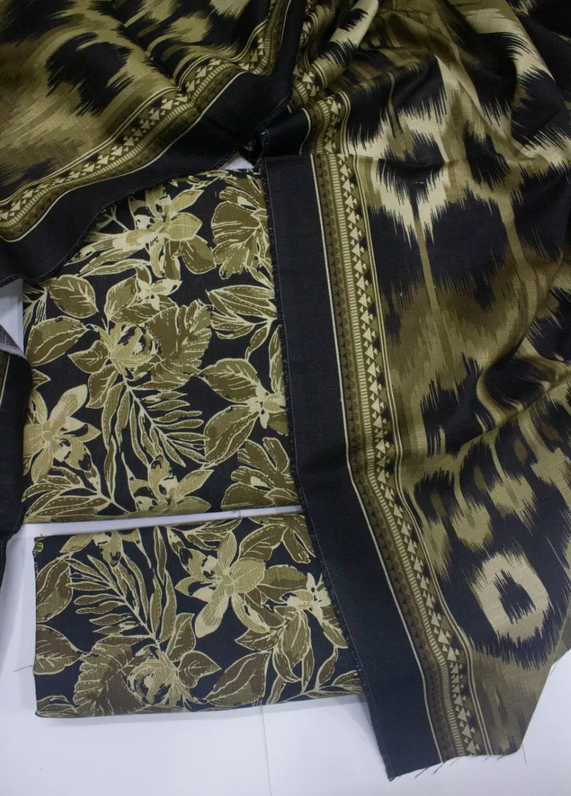 3 Piece Printed Black & Green Color Khaddar Unstitched Suit