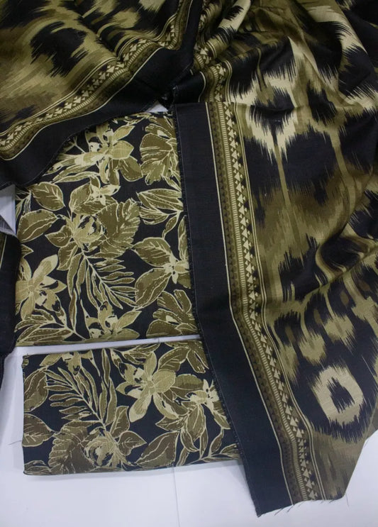 3 Piece Printed Black & Green Color Khaddar Unstitched Suit