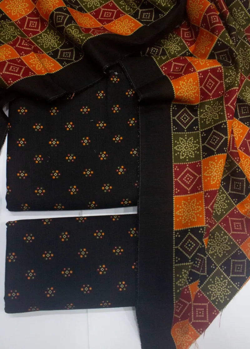 3 Piece Printed Black Color Khaddar Unstitched Suit