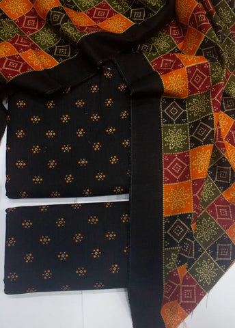 3 Piece Printed Black Color Khaddar Unstitched Suit