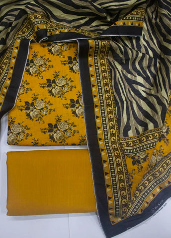 3 Piece Printed Yellow Color Khaddar Unstitched Suit