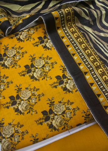 3 Piece Printed Yellow Color Khaddar Unstitched Suit