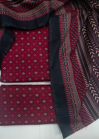 3 Piece Printed Maroon Color Khaddar Unstitched Suit
