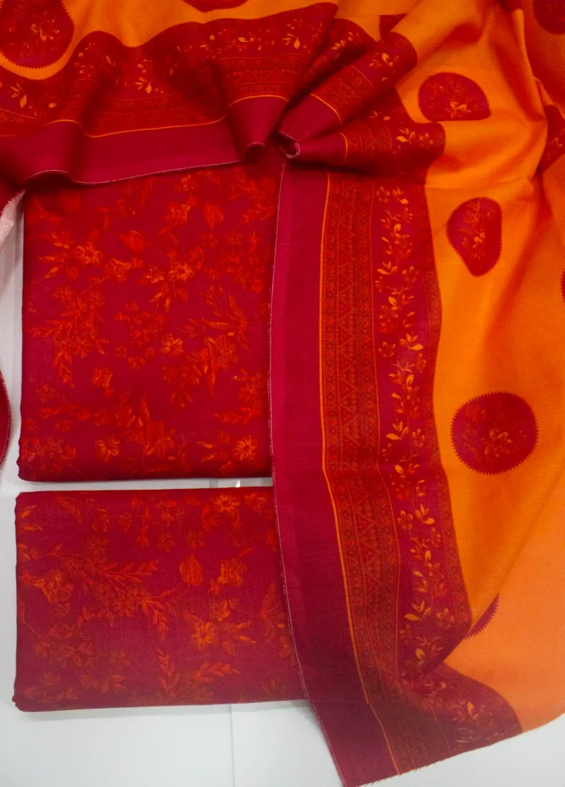 3 Piece Printed Red Color Khaddar Unstitched Suit