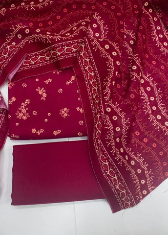 3 Piece Printed Maroon Color Khaddar Unstitched Suit